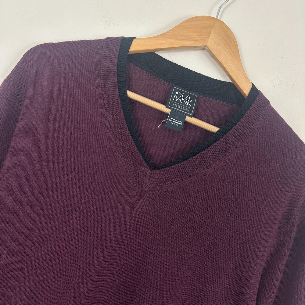 Jos. A. Bank Traveler Sweater Burgundy Merino Wool V-Neck Pullover Mens L